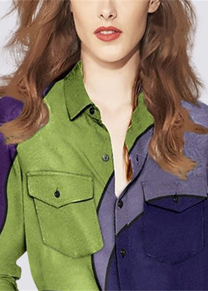 Colorblock Peter Pan Collar Button Pocket Print Shirt Long Sleeve