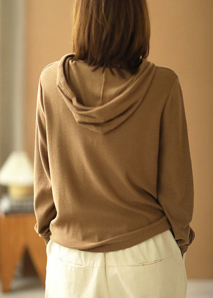 Khaki Hooded Drawstring Print Fall Knit Sweater