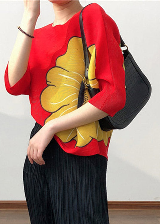 Red O-neck Print Wrinkled Tops Half Sleeve