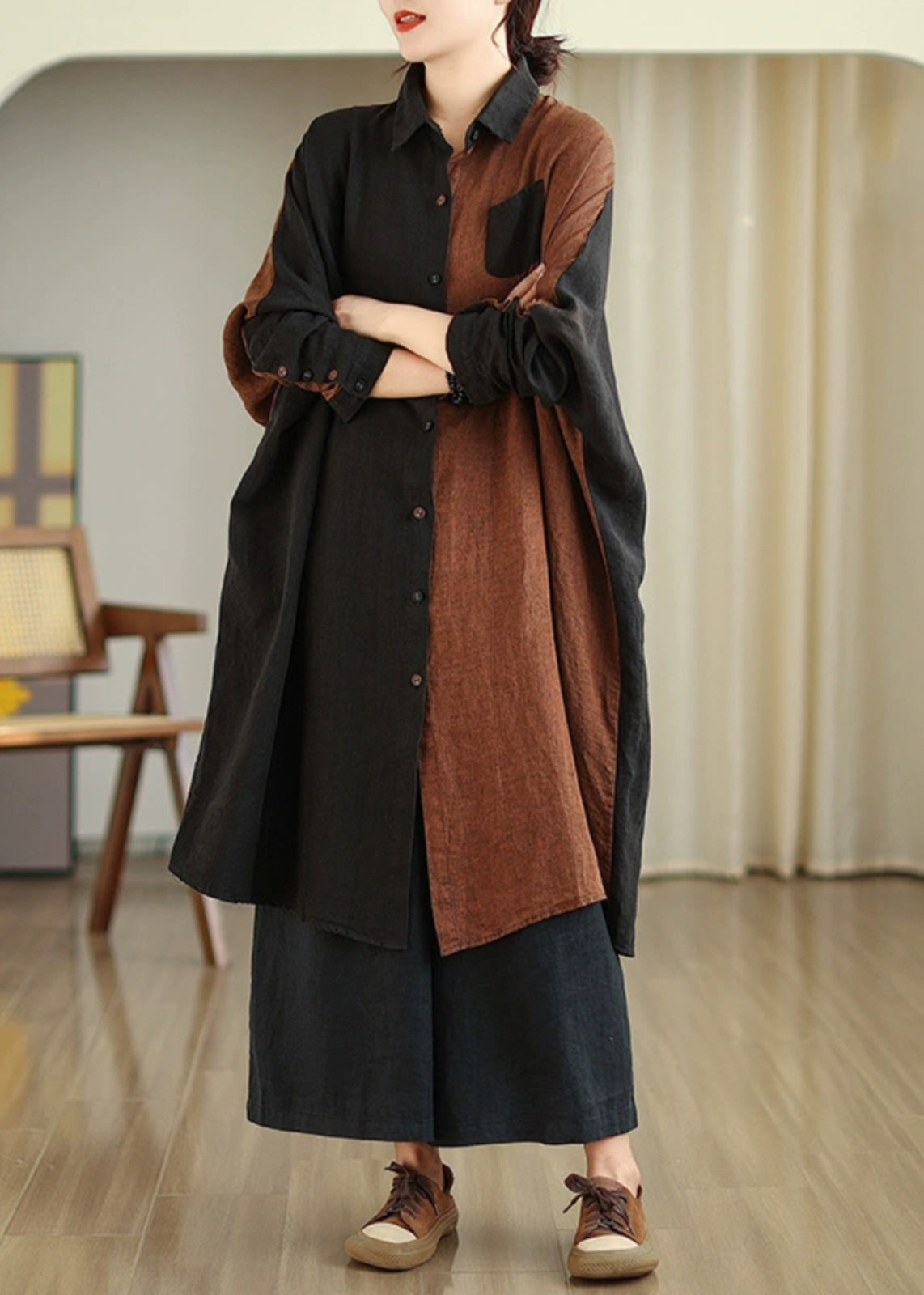 Stand Collar Patchwork Button Long Shirts Long Sleeve