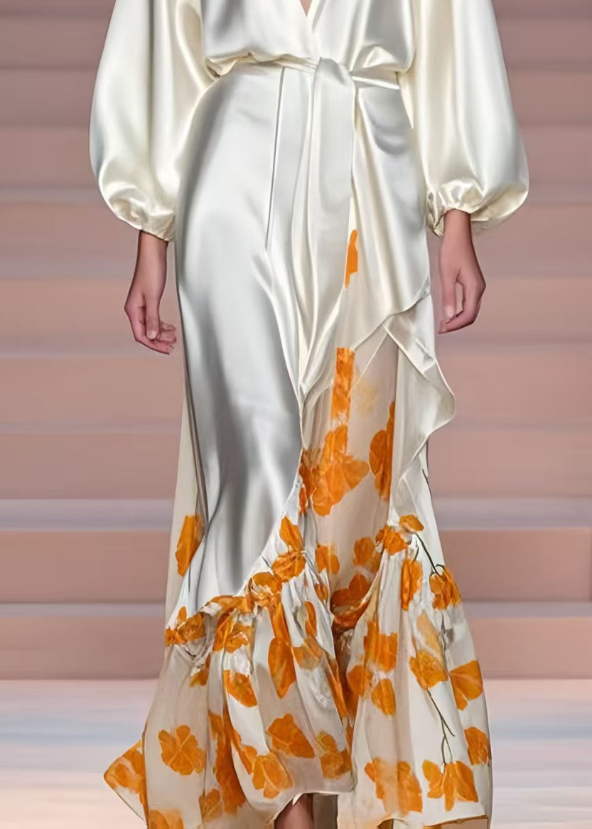 Milk White V Neck Print Silk Vacation Dresses Spring