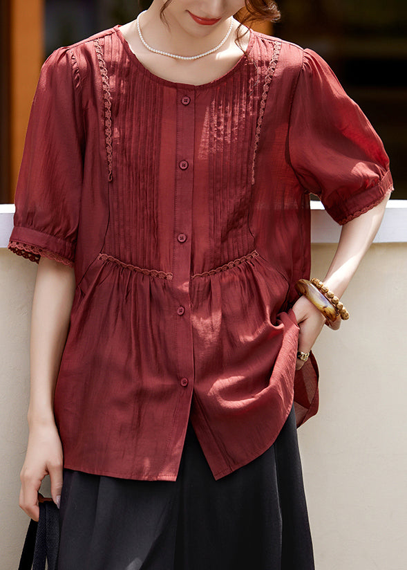 Rust Lace Patchwork Button Silk Shirt Summer