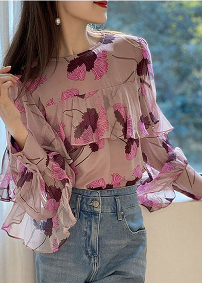 Pink Ruffled O-neck Print Patchwork Chiffon Shirt Long Sleeve