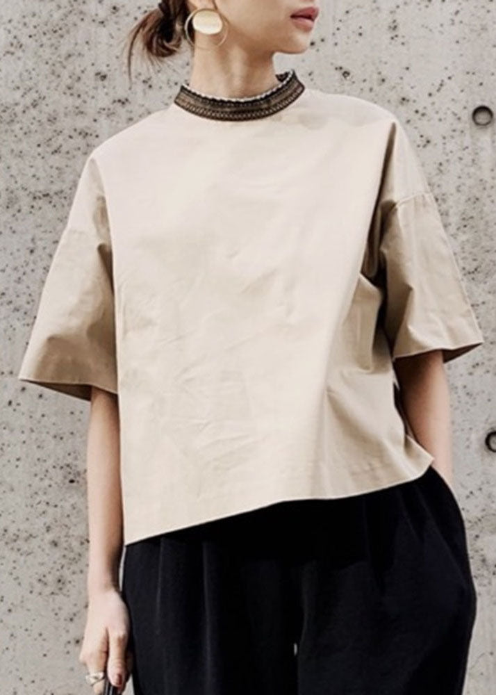Khaki Stand Collar Oversized Patchwork Cotton Tank Short Sleeve