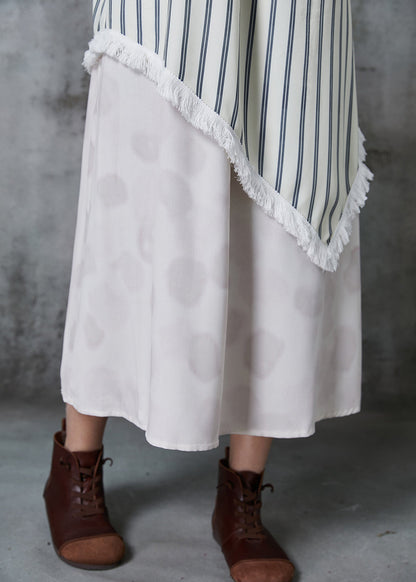 White Asymmetrical Patchwork Striped Summer Dress