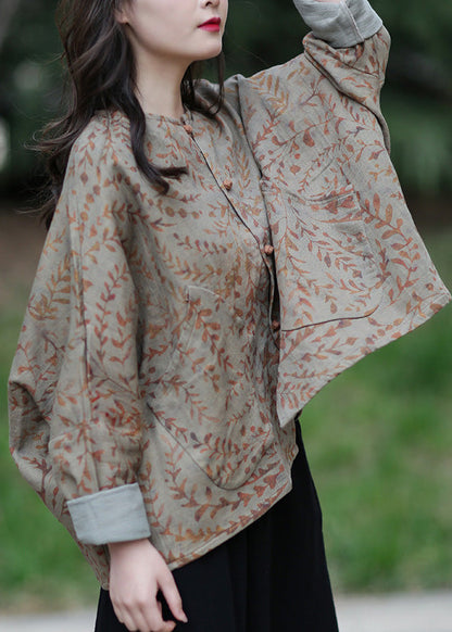 Grey Green O-neck Button Cotton Coats Spring