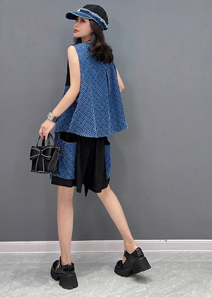 Blue Patchwork Waistcoat and Shorts Two Pieces Set Sleeveless