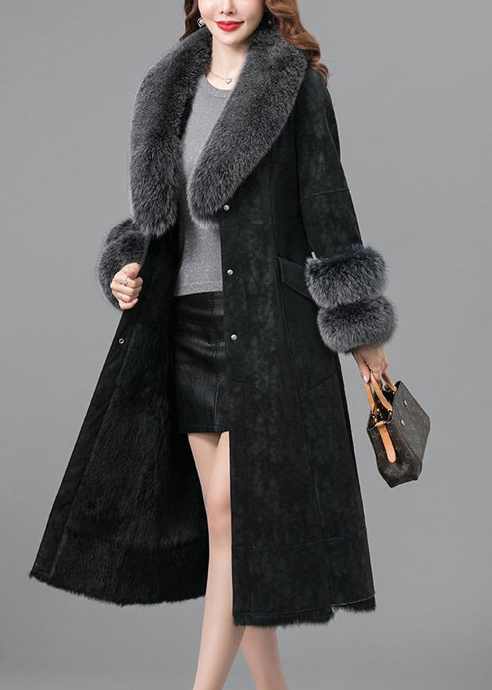 Black Warm Faux Rabbit Leather and Fur Coats Fox Collar Tie Waist Winter