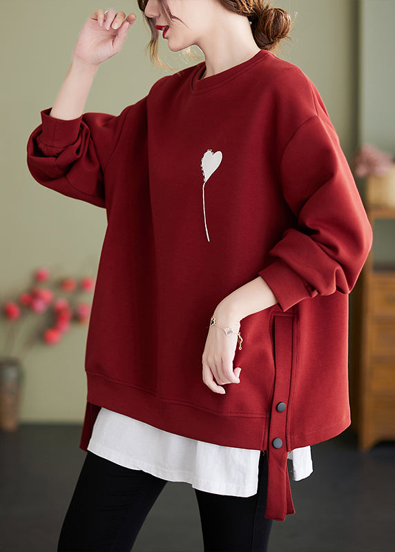 Green Print Cotton Pullover O Neck Side Open Winter