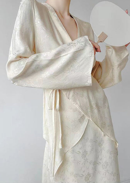 Classy Apricot V Neck Print Tie Waist Shirts Long Sleeve