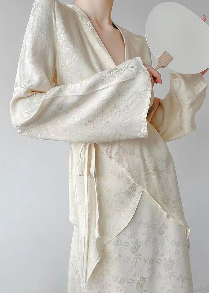 Classy Apricot V Neck Print Tie Waist Shirts Long Sleeve