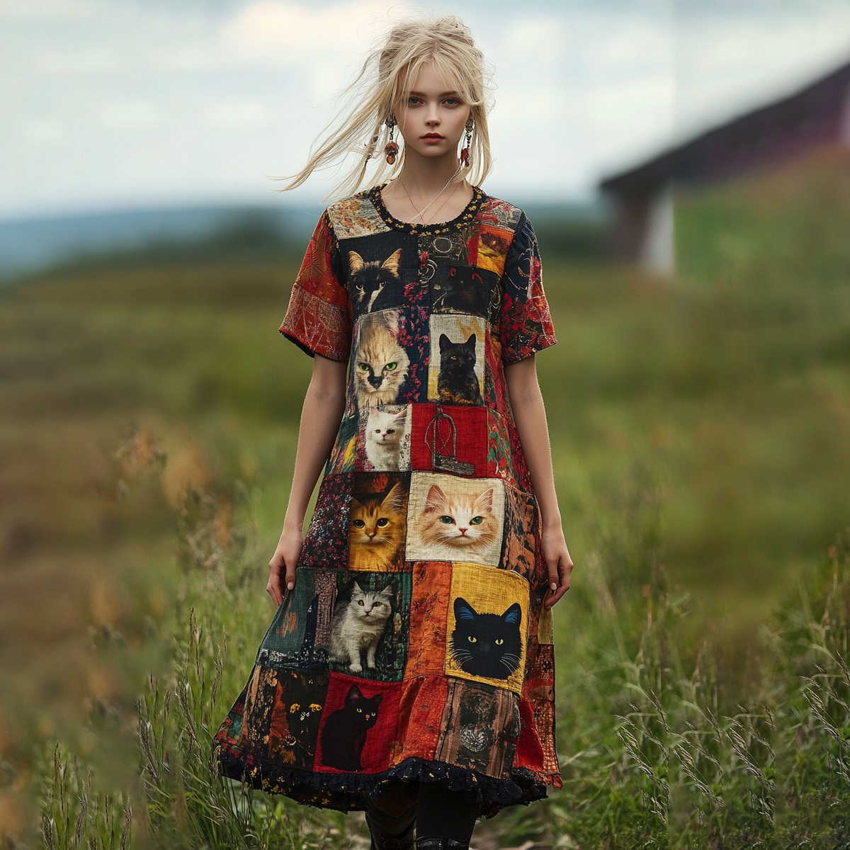 Women's Pop Art Cat Patchwork Design Cotton Line Dress elevenforest