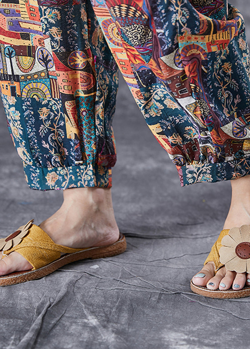 Elastic Waist Print Pockets Cotton Pants Summer