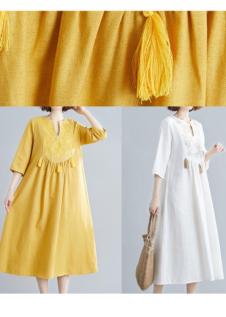 Unique V Neck Tassel Spring White Loose Linen Dress