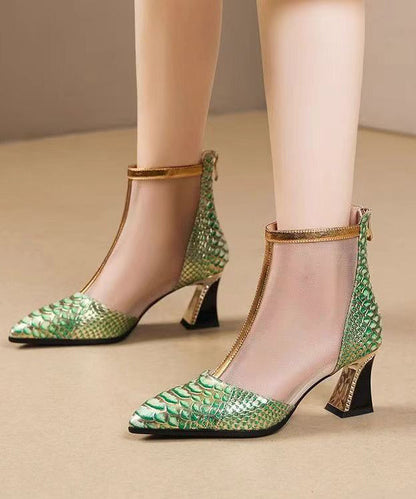 Green Classy Boots Chunky Heel Pointed Toe Tulle Splicing