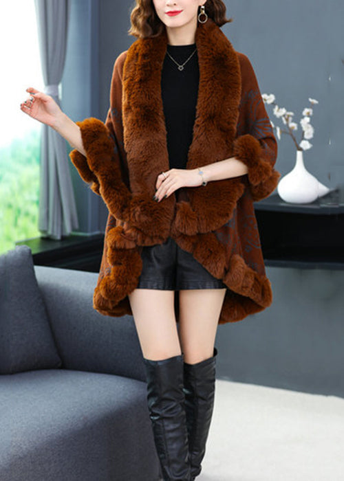 Organic Caramel V Neck Print Low High Design Patchwork Woolencoats Fall