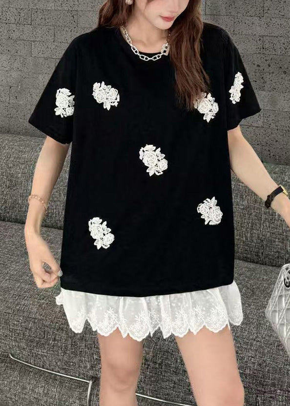White Flower Decorated Oversized Patchwork Lace Tanks Summer