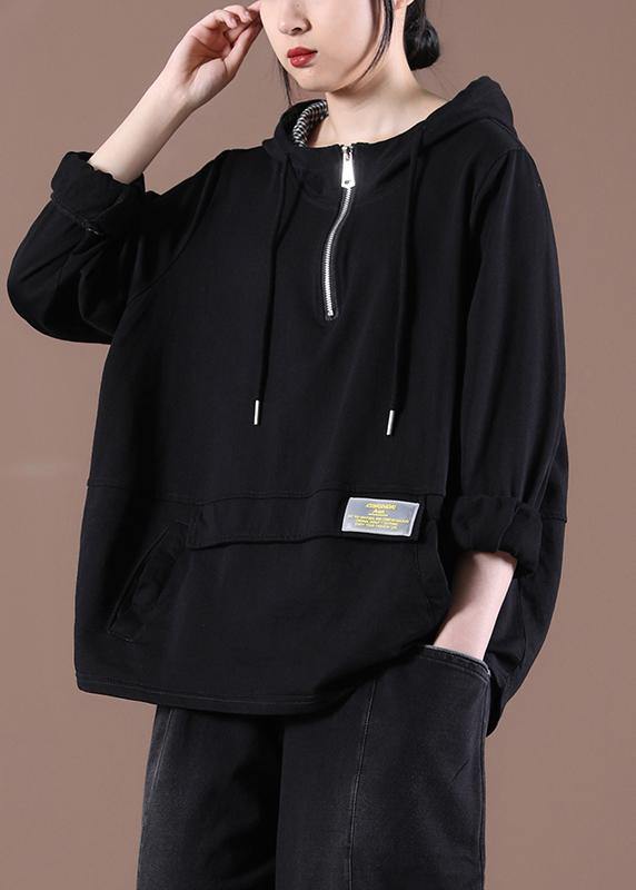 Zipper Spring Modern Blouse Black Tops