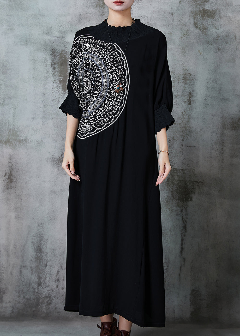 Unique Black Oversized Cotton Maxi Dresses Batwing Sleeve Fall