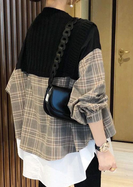 Black Knit Patchwork Plaid Fall Long Sleeve Shirt