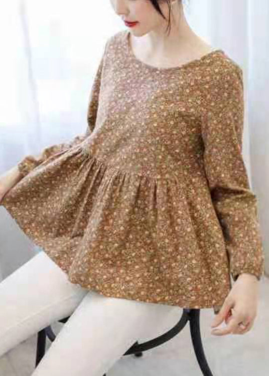 Retro Yellow Print Cotton Shirt Top Asymmetrical Long Sleeve