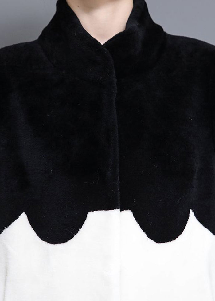Black Red Stand Collar Patchwork Wool Coat Winter