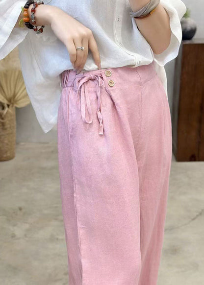 Pink Side Tie Waist Linen Pants Summer