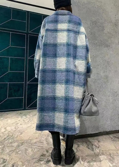 Plaid Peter Pan Collar Button Woolen Long Shirt Coats Spring