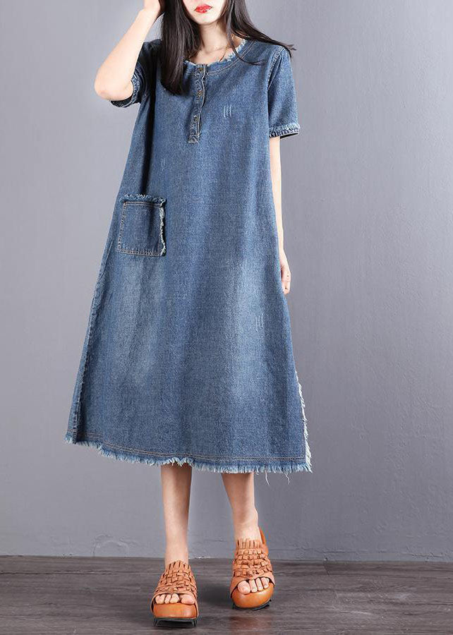 Blue Pockets Button Fall Denim Short Sleeve Party Dress
