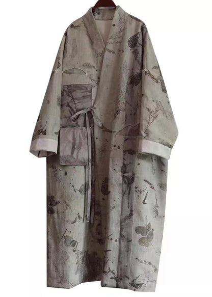 Dark Gray V Neck Lace Up Patchwork Cotton Long Trench Coats Fall