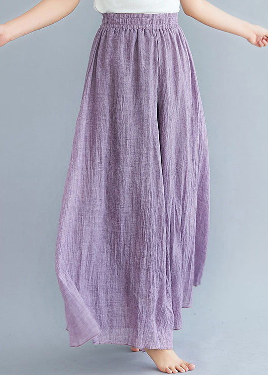 Purple Elastic Waist Linen Wide Leg Pants Summer