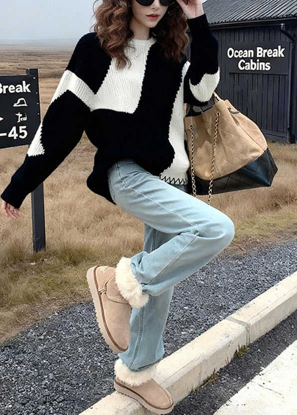 Classy Colorblock Oversized Cozy Knit Sweaters Winter