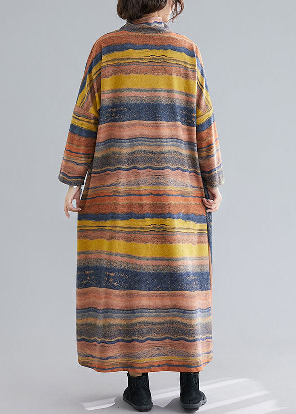 Green Turtle Neck Patchwork Striped Cotton Ankle Dress Spring