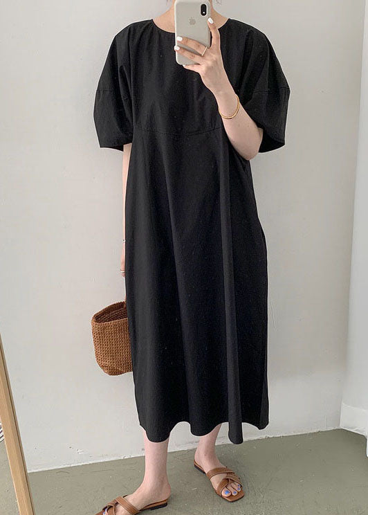 Black Pockets Loose Cotton Dress Spring