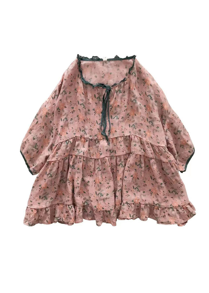 Organic Pink Ruffled Print Lace Up Cotton Shirts Half Sleeve Summer