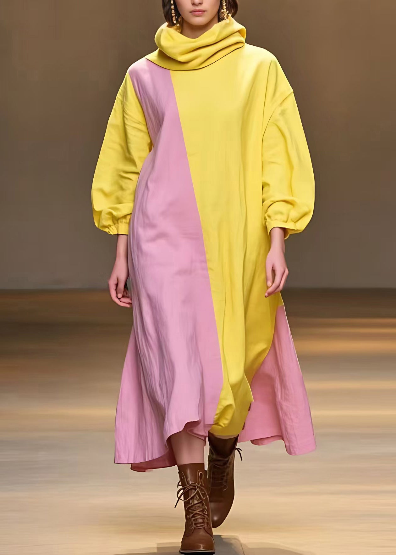 Yellow Turtleneck Patchwork Long Dress Fall