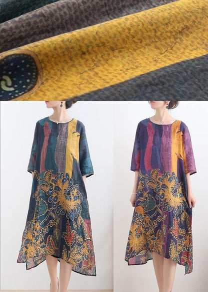 Yellow Green Print Linen O-neck Summer Maxi Dresses