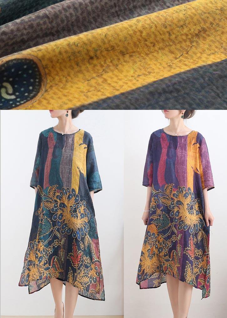 French Purple Print Side Open Summer Ramie Linen Dress
