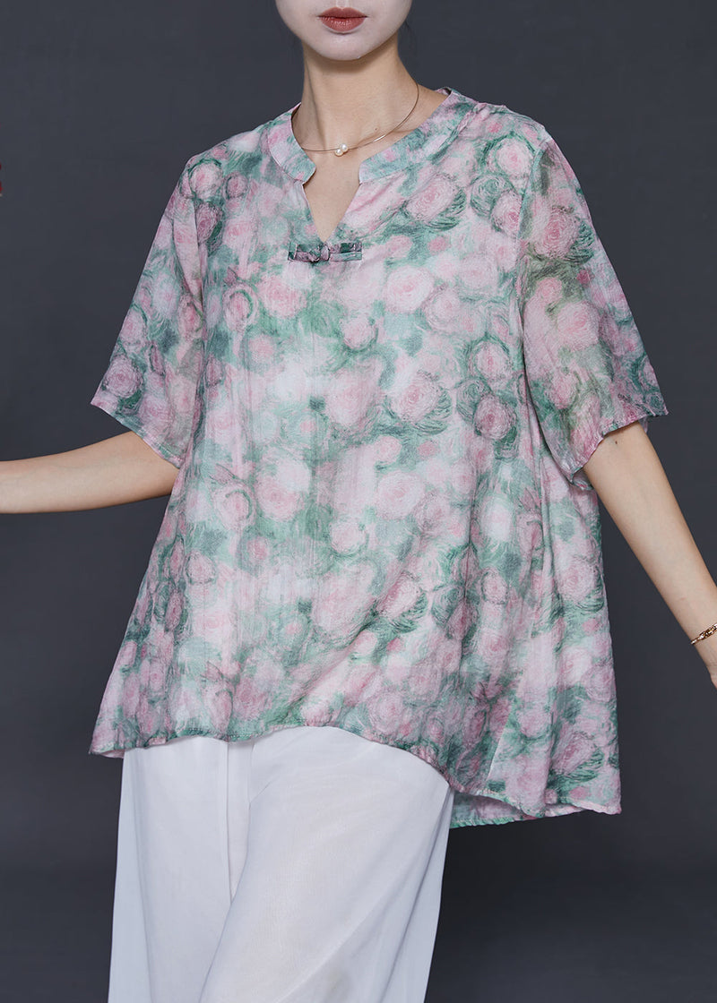 Green Oversized Print Cotton Blouses Summer