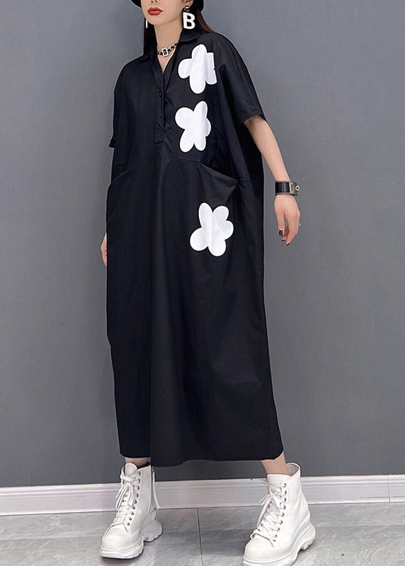 Black Patchwork Pockets Button Cotton Dress Short Sleeve Summer