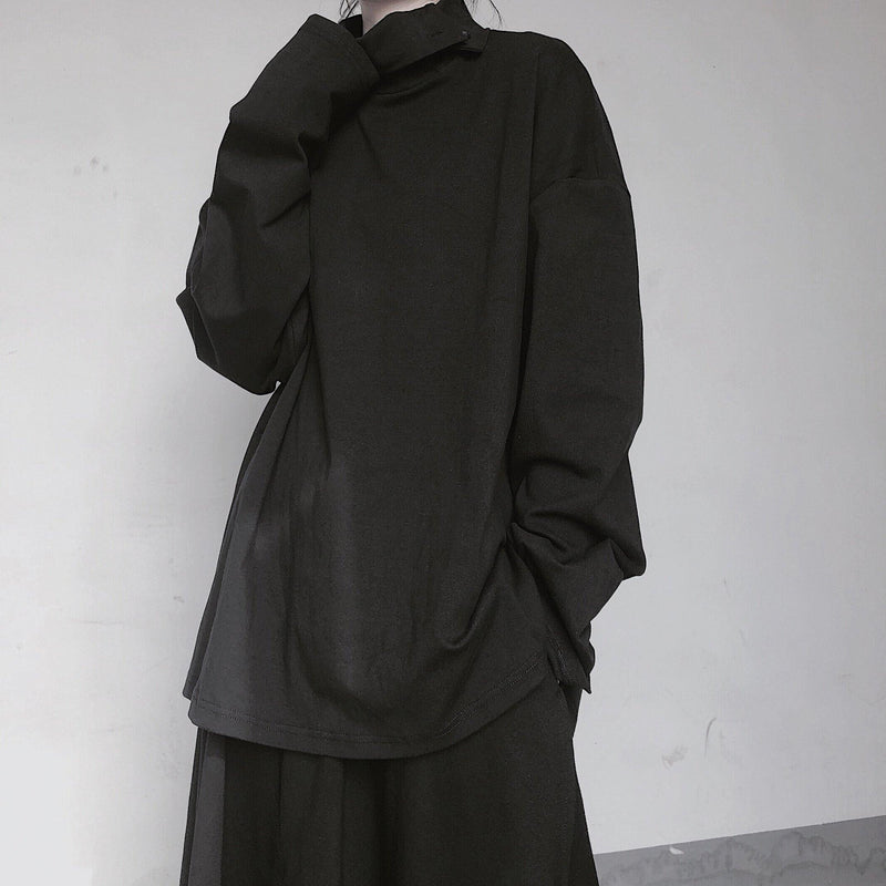 Italian High Neck Asymmetric Tops Blouses Fabrics Black Blouses