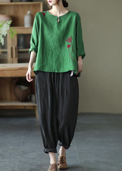Green Loose Embroideried Fall Linen Shirt Tops Long Sleeve