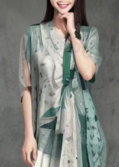 Green V Neck Flattering Asymmetrical Silk Long Dresses Summer