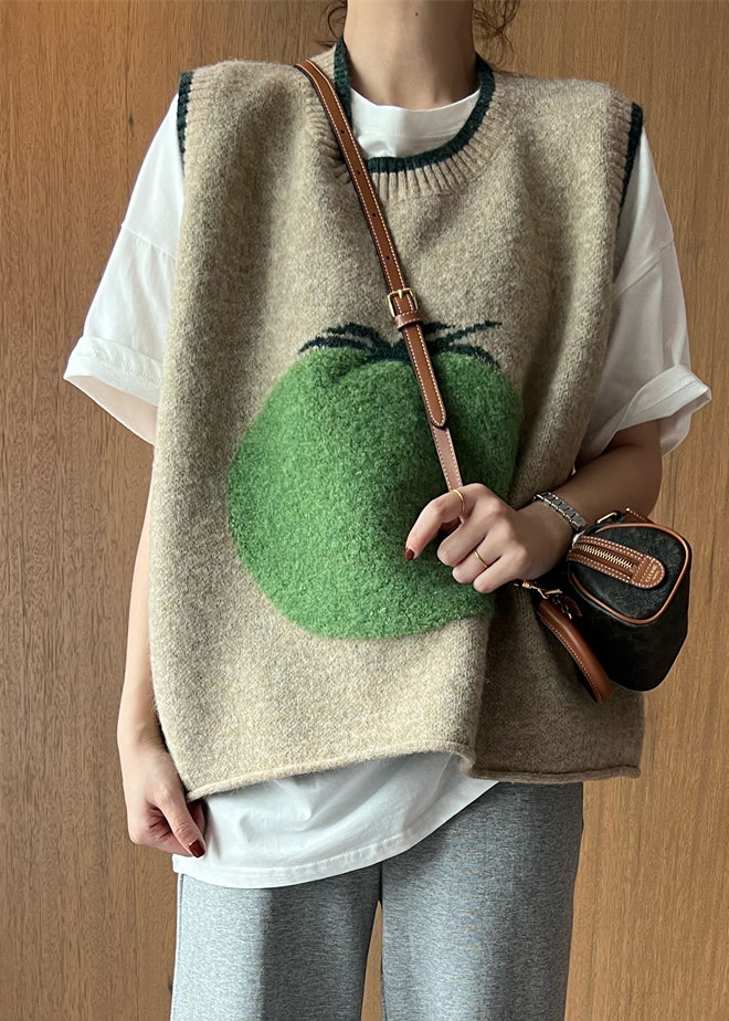 French Khaki O-neck Patchwork Print Woolen Knitted Vest Sleeveless