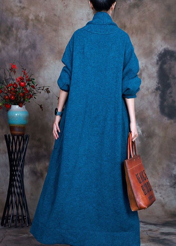 Blue V Neck Pockets Fall Knit Cardigan