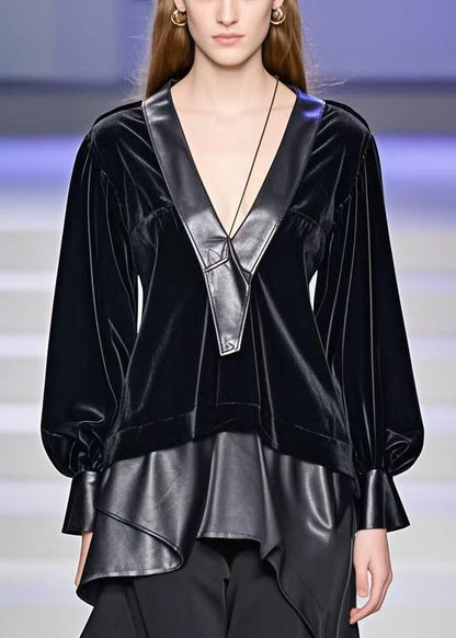 Black Asymmetrical Faux Leather Patchwork Silk Velour Shirt Top Fall
