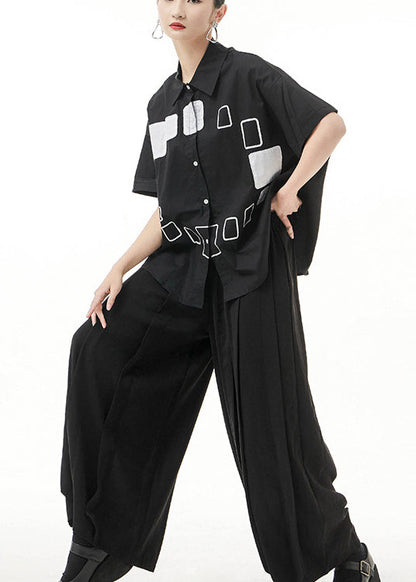 Black Peter Pan Collar Print Shirt Tops Short Sleeve