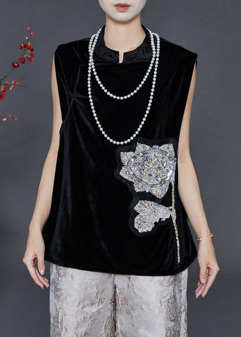 Black Sequins Mandarin Collar Silk Velour Vests Spring