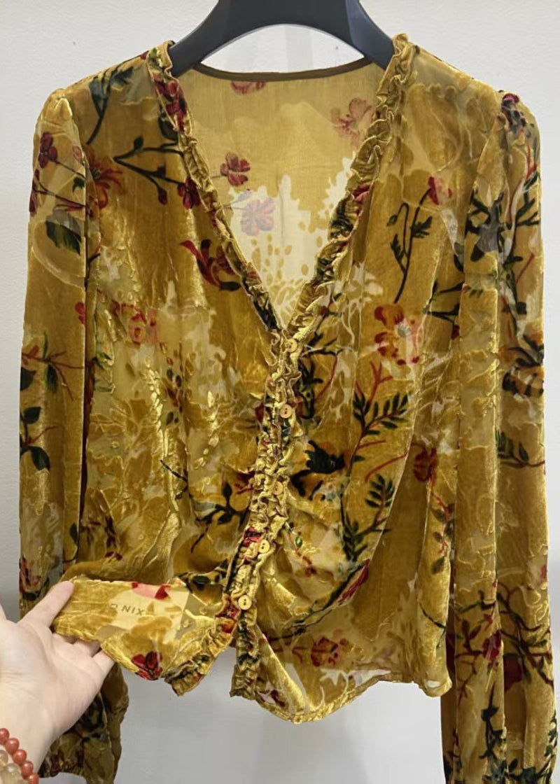 Yellow V Neck Ruffled Button Silk Velour Shirt Fall