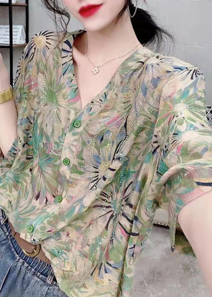 Green V Neck Button Diamonds Print Chiffon Shirt Top Short Sleeve